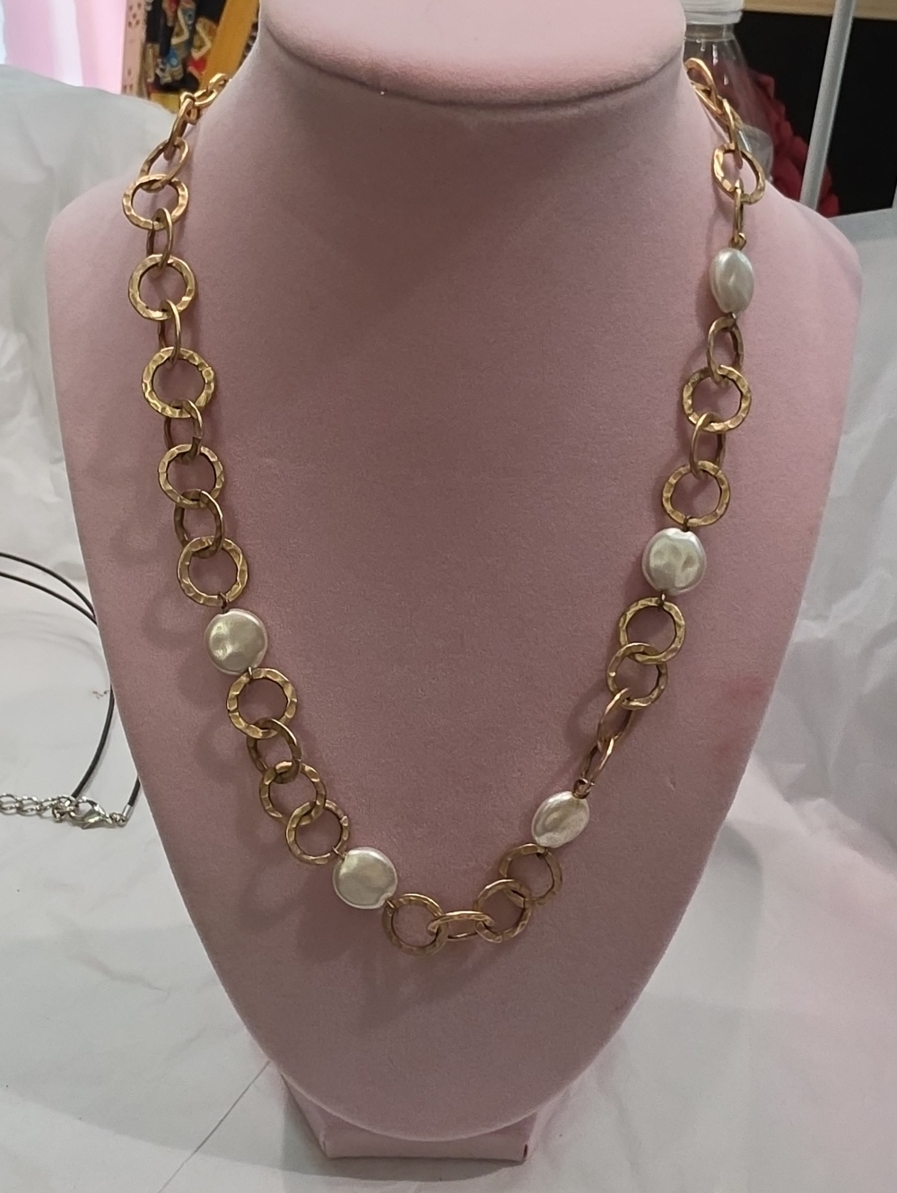 Gold-Tone Link Necklace with White Pearl Discs - Women Jewelry
